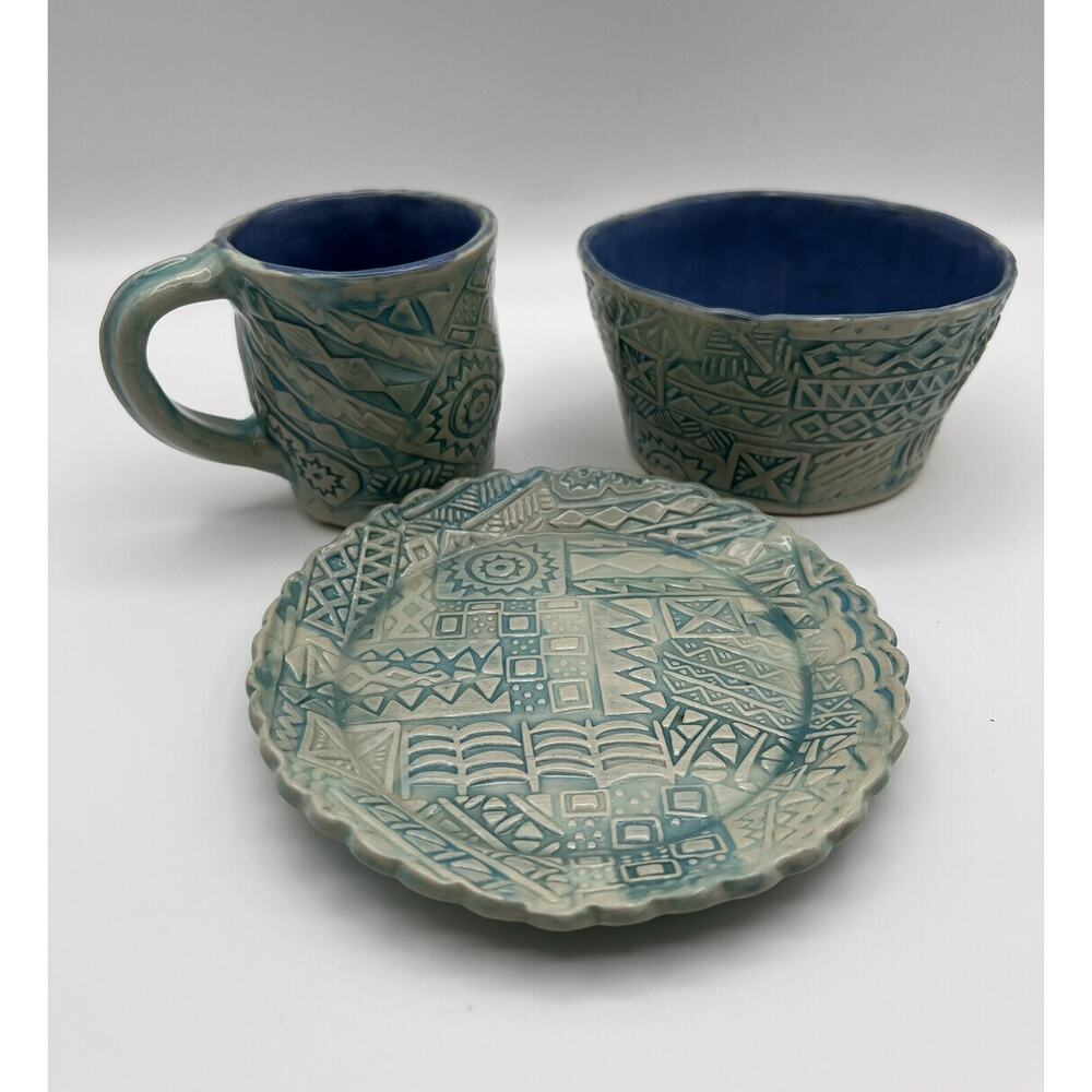 Handmade Art Pottery Blue Child’s Dinner Set Plate Bowl & Mug Artist Signed